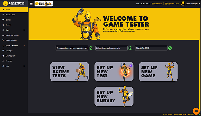 The Game Tester platform developer dashboard, which includes a welcome message and guides for setting up tests.