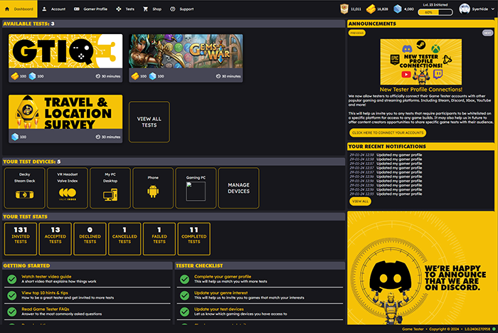 The Game Tester platform's gamer-specific dashboard, which provides an overview of the gamer's profile, including completed tests, rank, and other profile information.