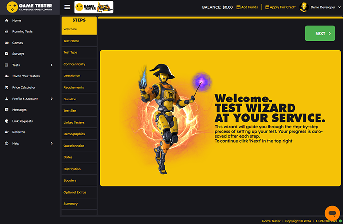 The Game Tester test wizard, a helpful step-by-step tutorial for setting up tests and ensuring the best possible responses.