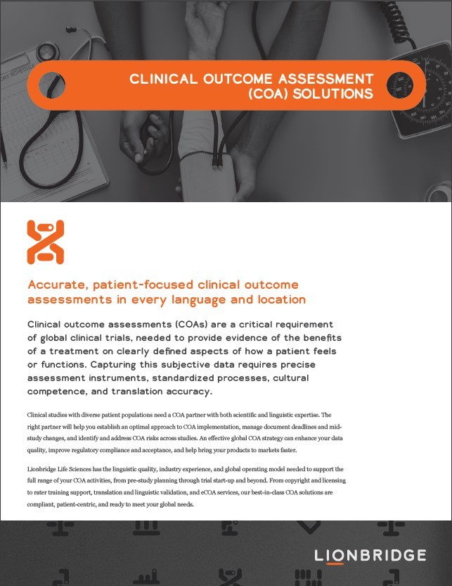 The front cover of a Lionbridge solution brief on clinical outcome assessments.