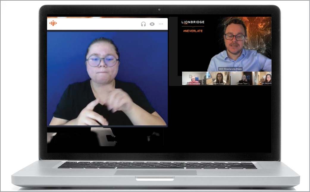 Screenshot of the delivery of Remote Simultaneous Interpretation in American Sign Language during a webinar