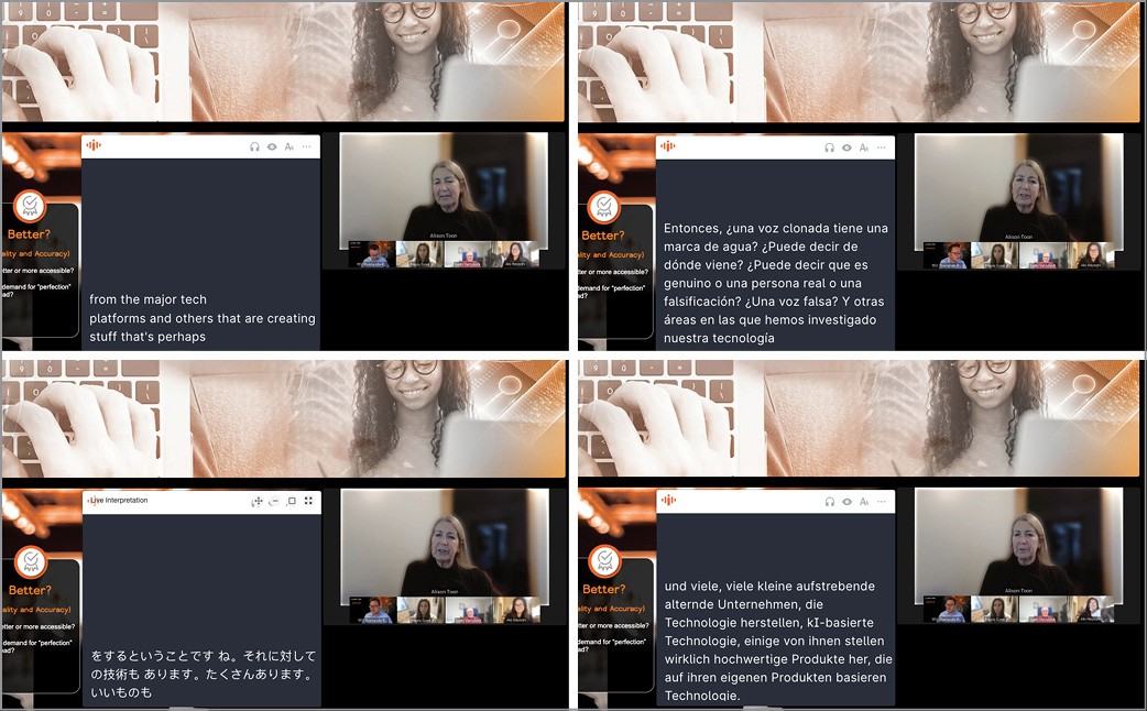 Screenshot della fornitura di servizi di interpretariato simultaneo da remoto in diverse lingue durante un webinar.