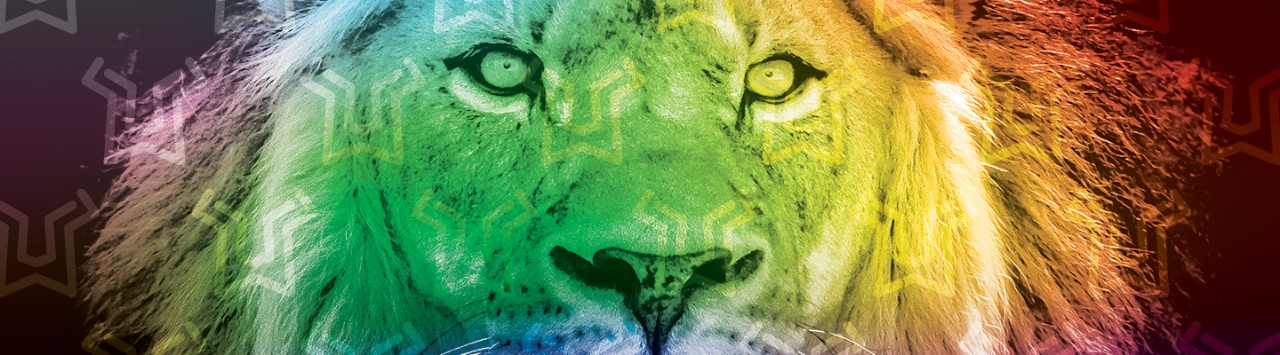 global rainbow lion connected by abstract lines